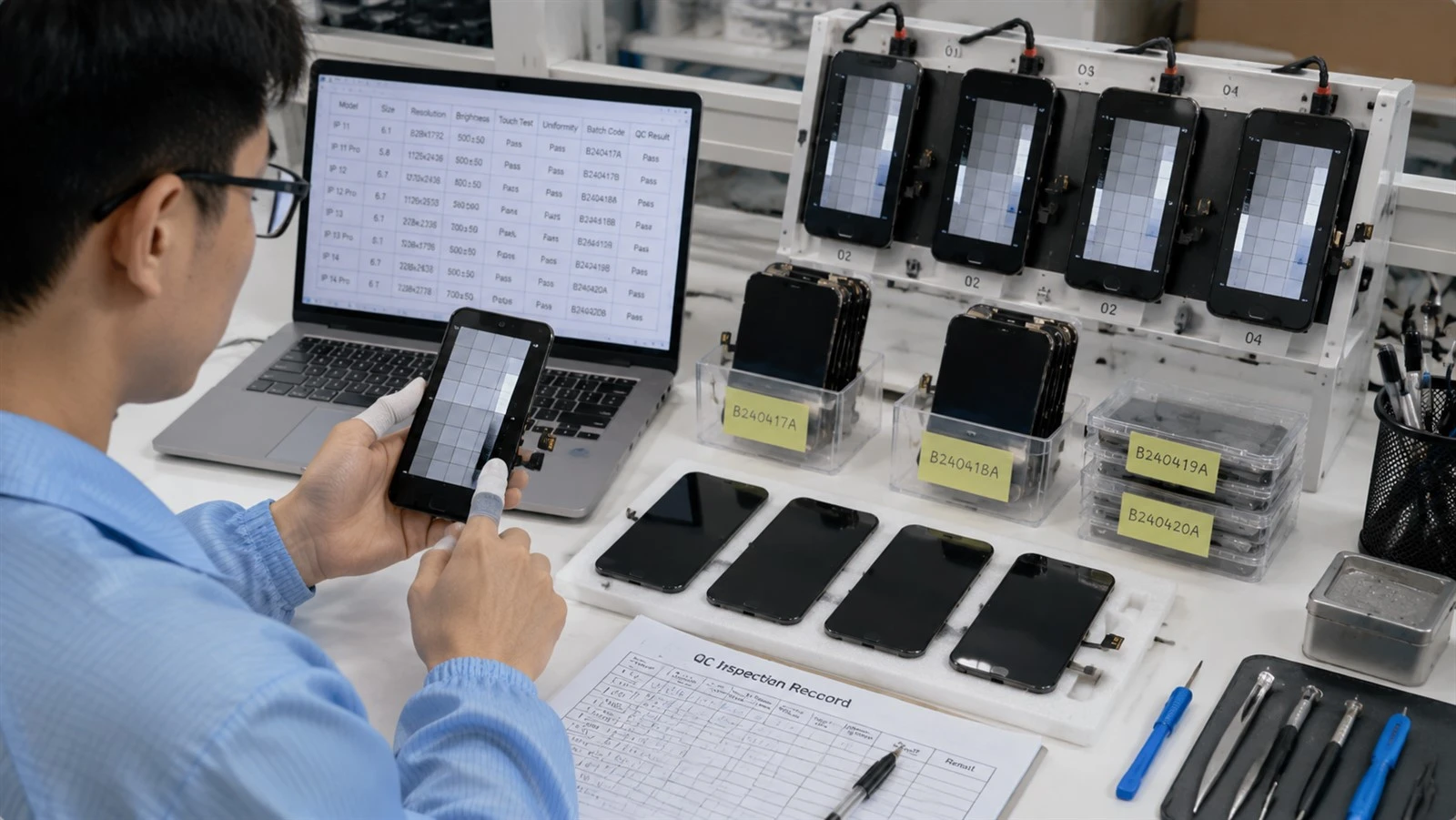 Quality-control testing for iPhone replacement screen reliability Quality-control testing for iPhone replacement screen reliability
