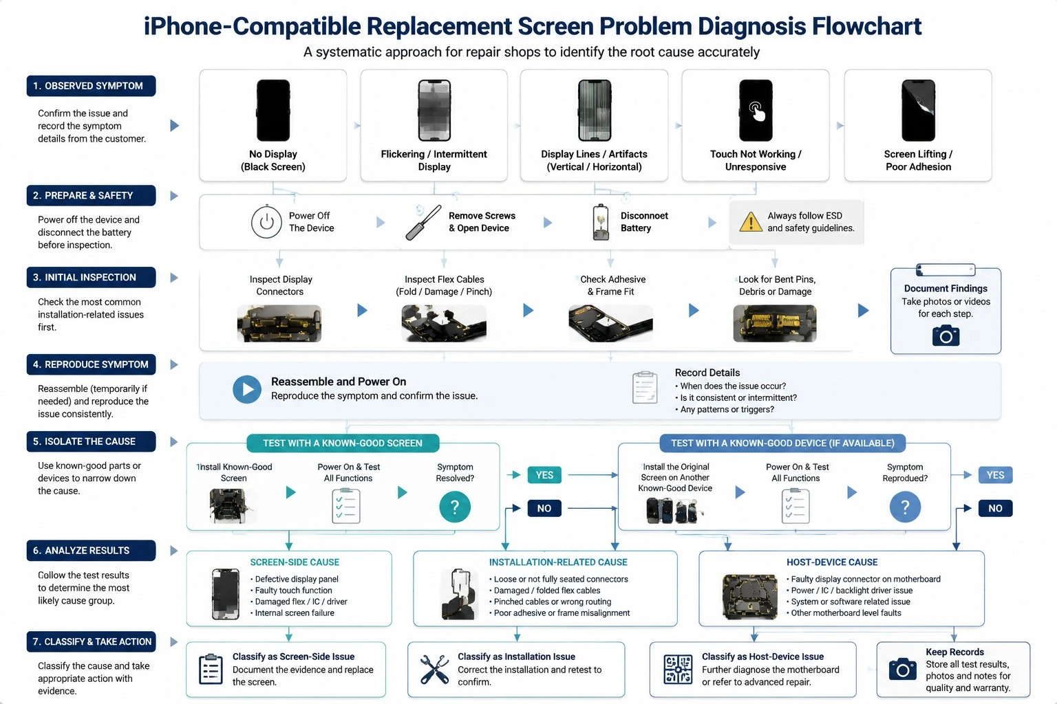 Diagnostic flow for iPhone replacement screen failure causes Diagnostic flow for iPhone replacement screen failure causes
